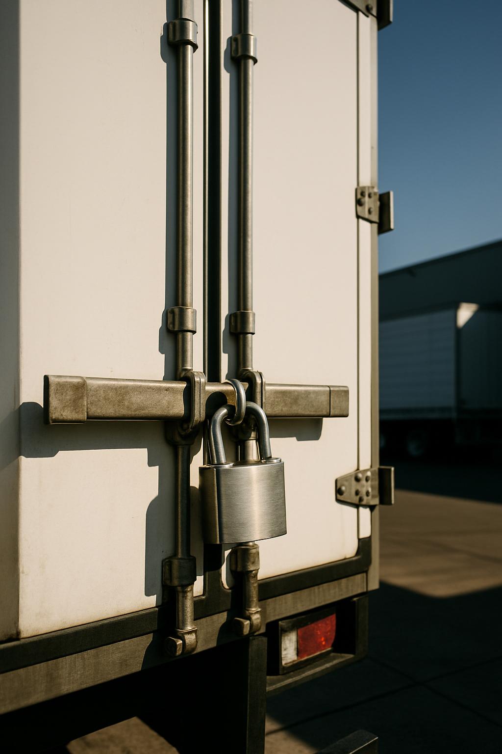 The alt text for the image would be: A close-up of a metal lock on the back of a white truck.